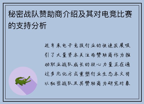 秘密战队赞助商介绍及其对电竞比赛的支持分析
