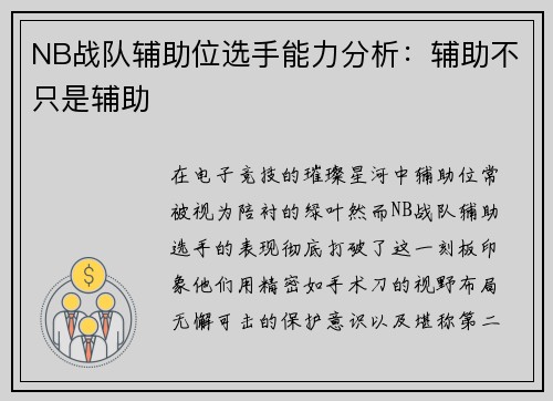 NB战队辅助位选手能力分析：辅助不只是辅助