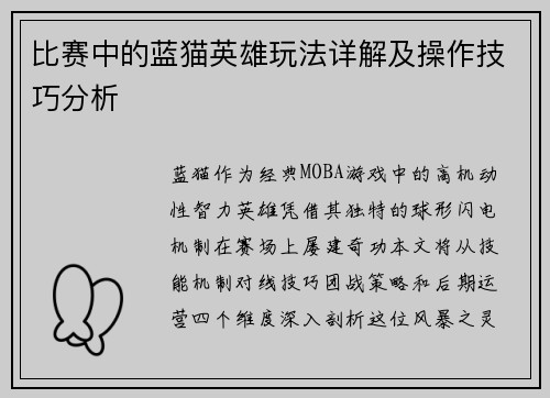 比赛中的蓝猫英雄玩法详解及操作技巧分析